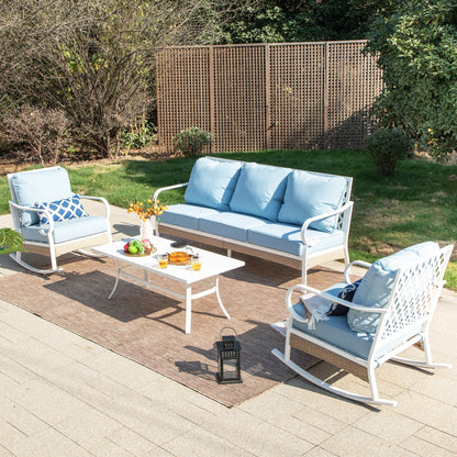 MAISON ARTS Set di mobili da giardino a 5 posti, 2 sedie imbottite in metallo, 1 divano a 3 posti con tavolino da caffè marmorizzato