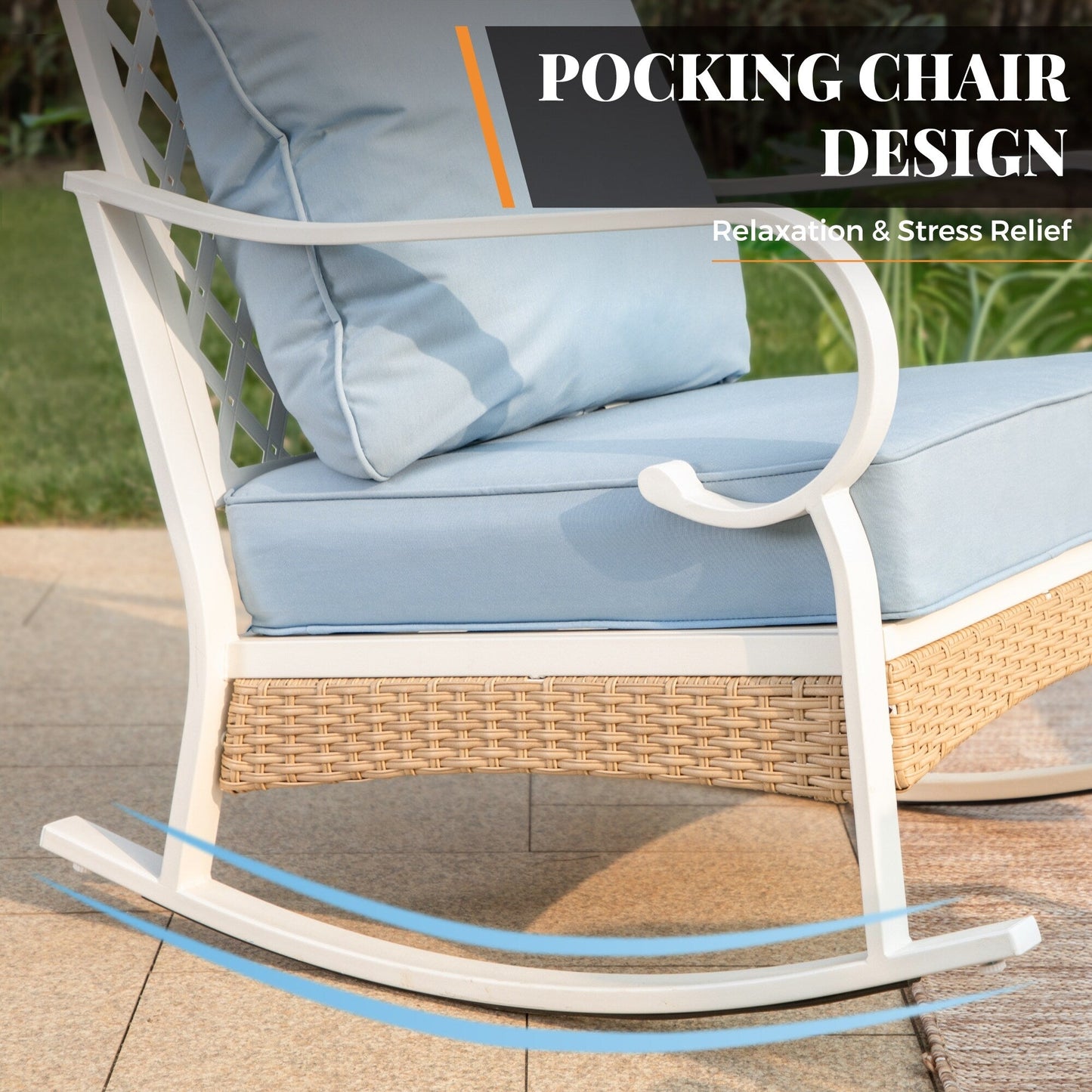 MAISON ARTS Set di mobili da giardino a 5 posti, 2 sedie imbottite in metallo, 1 divano a 3 posti con tavolino da caffè marmorizzato