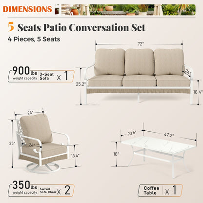 MAISON ARTS Set di mobili da giardino a 5 posti, 2 sedie imbottite in metallo, 1 divano a 3 posti con tavolino da caffè marmorizzato