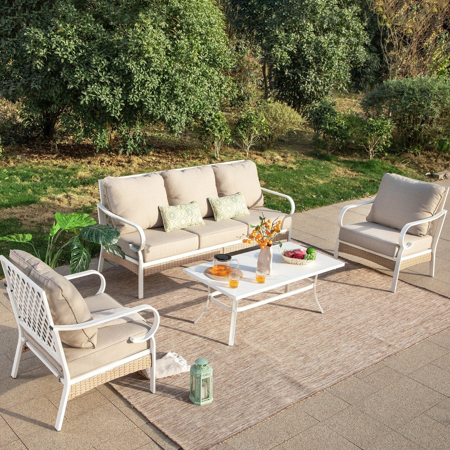 MAISON ARTS Set di mobili da giardino a 5 posti, 2 sedie imbottite in metallo, 1 divano a 3 posti con tavolino da caffè marmorizzato