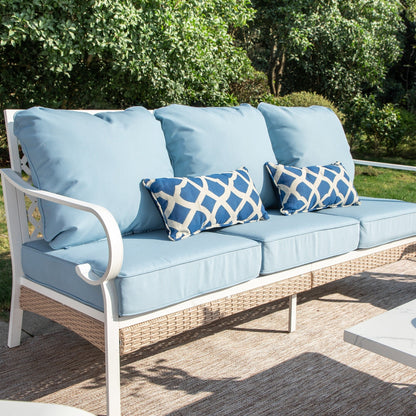 MAISON ARTS Set di mobili da giardino a 5 posti, 2 sedie imbottite in metallo, 1 divano a 3 posti con tavolino da caffè marmorizzato