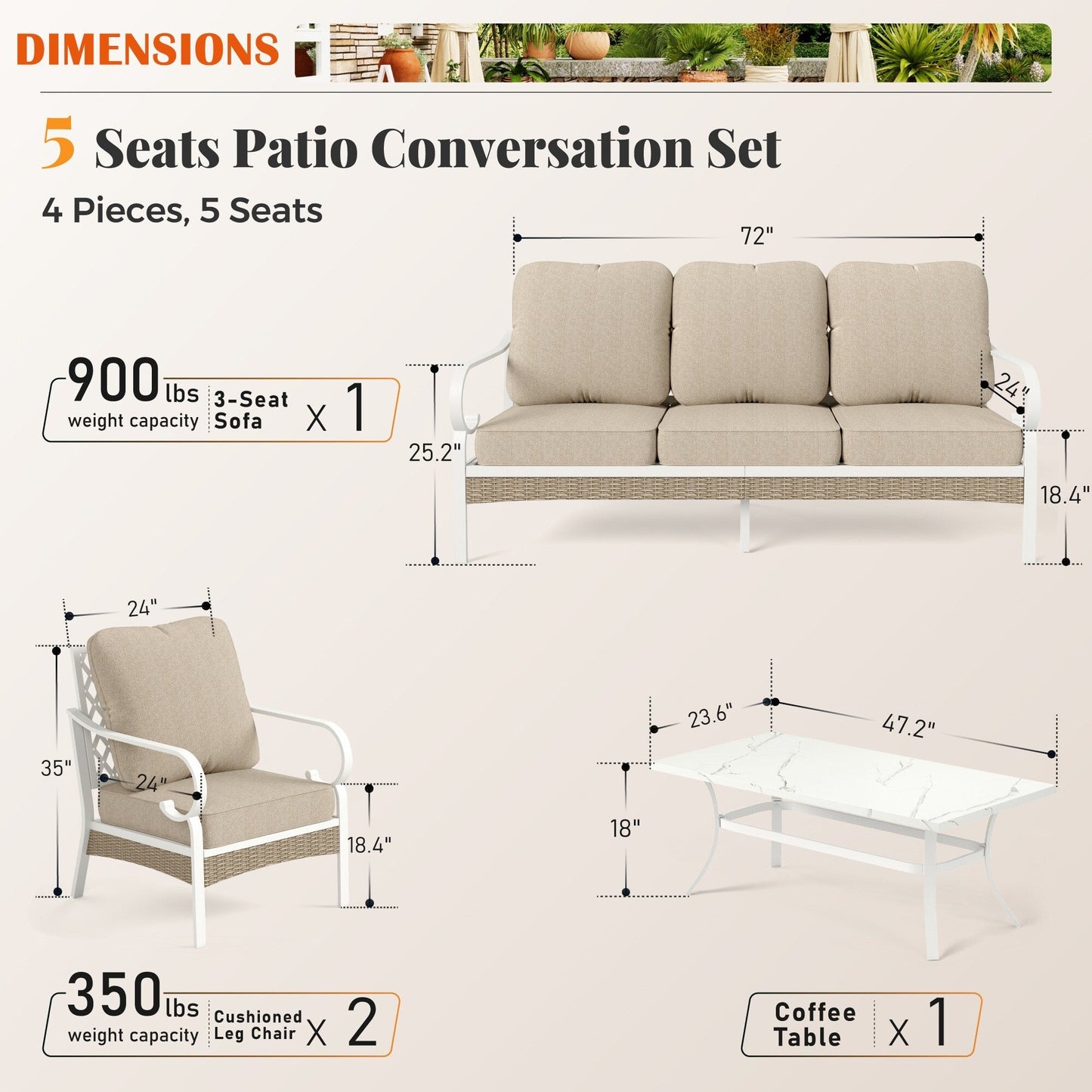 MAISON ARTS Set di mobili da giardino a 5 posti, 2 sedie imbottite in metallo, 1 divano a 3 posti con tavolino da caffè marmorizzato