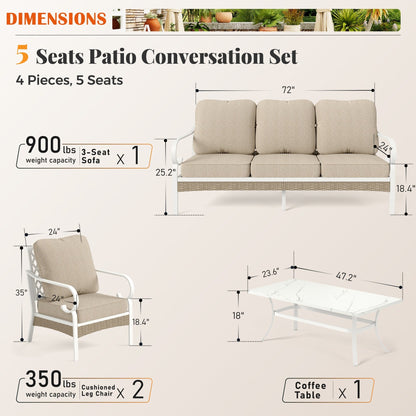 MAISON ARTS Set di mobili da giardino a 5 posti, 2 sedie imbottite in metallo, 1 divano a 3 posti con tavolino da caffè marmorizzato