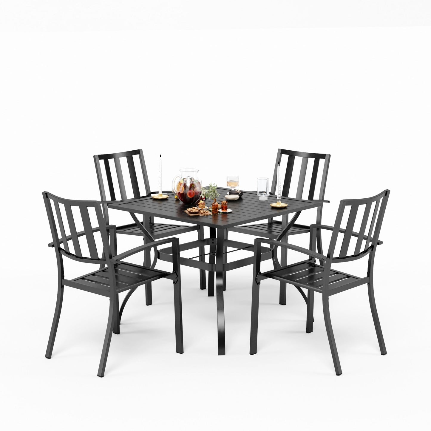 Set da pranzo per patio con rivestimento E da 5 pezzi e sedie impilabili