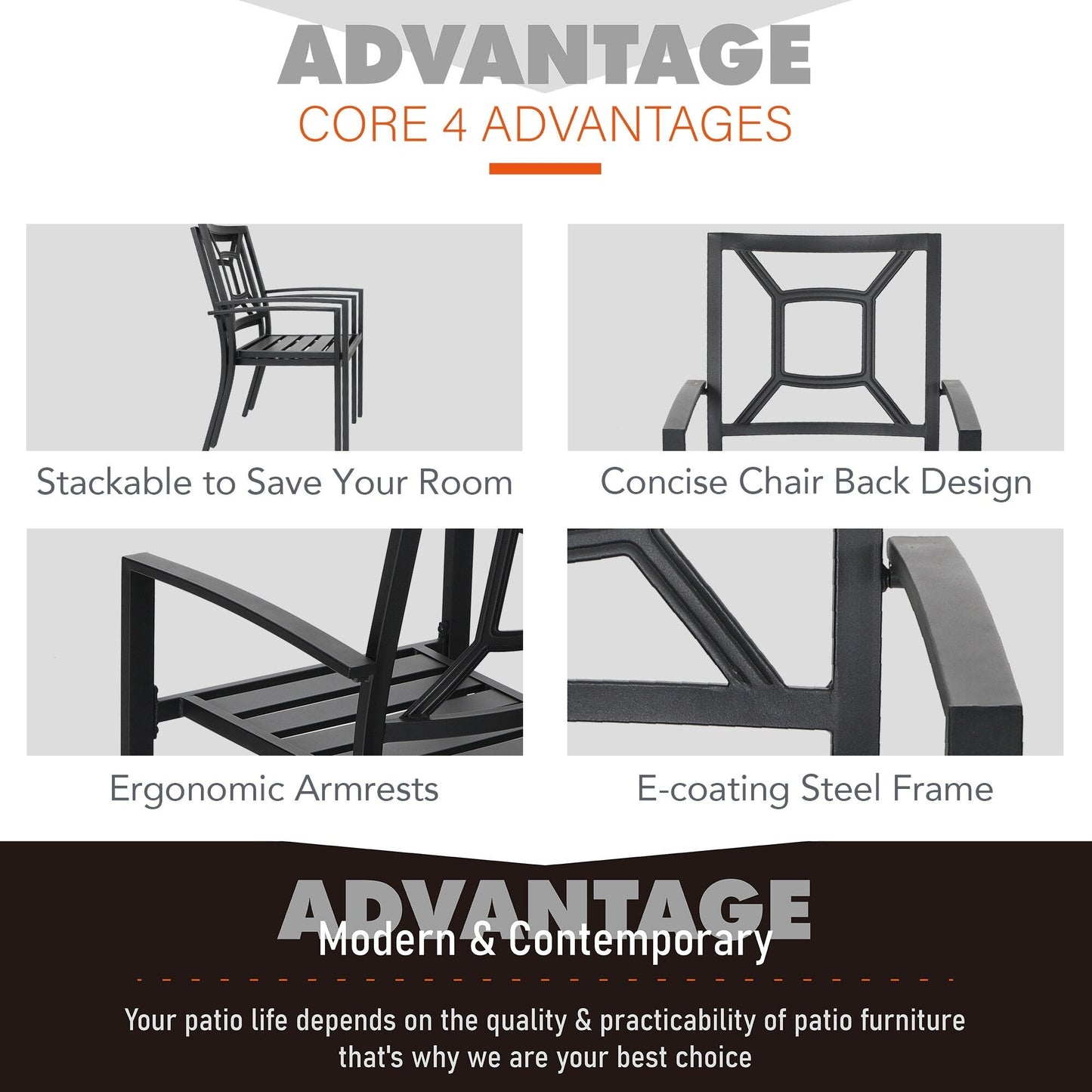 Set da pranzo per patio con rivestimento E da 5 pezzi e sedie impilabili