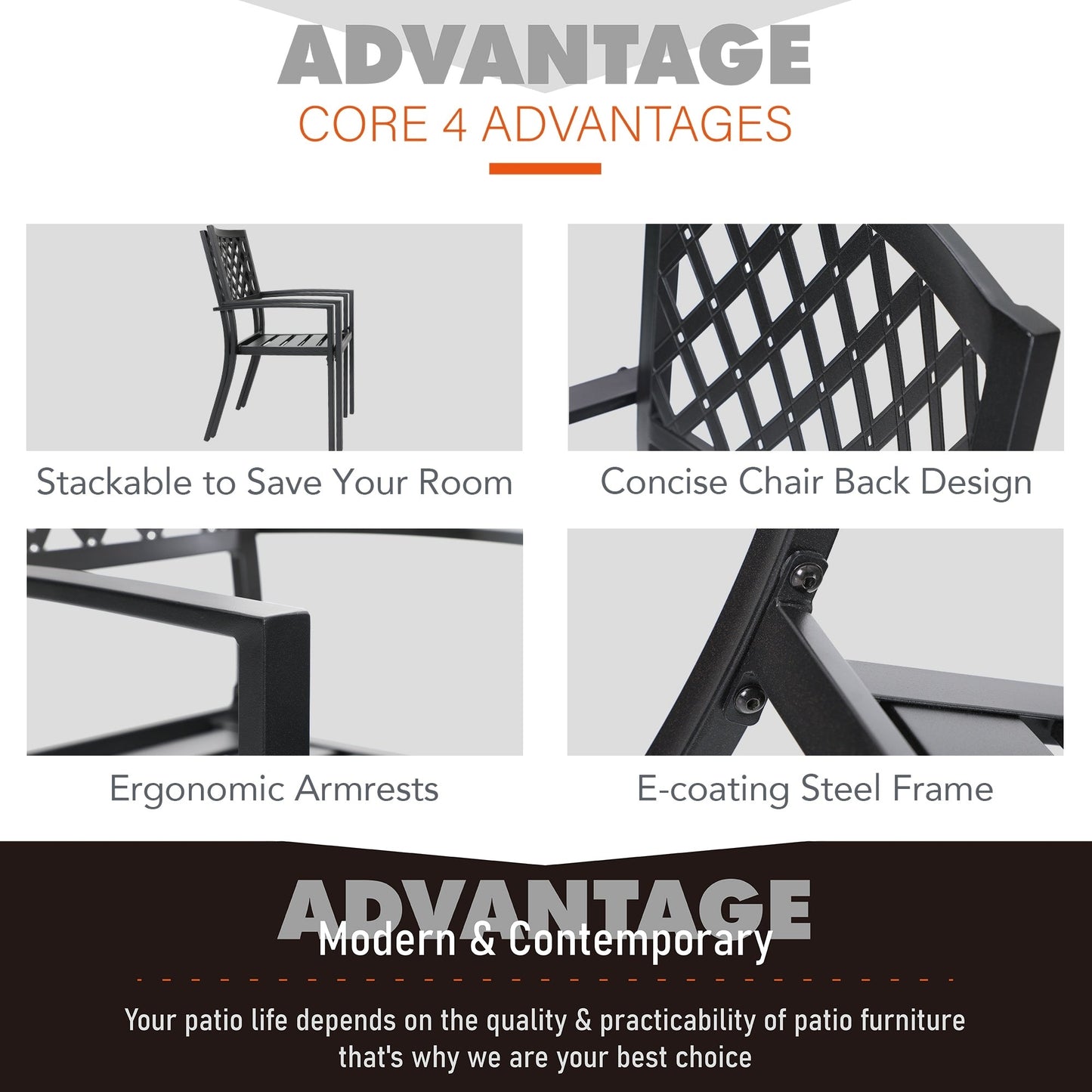 Set da pranzo per patio con rivestimento E da 5 pezzi e sedie impilabili