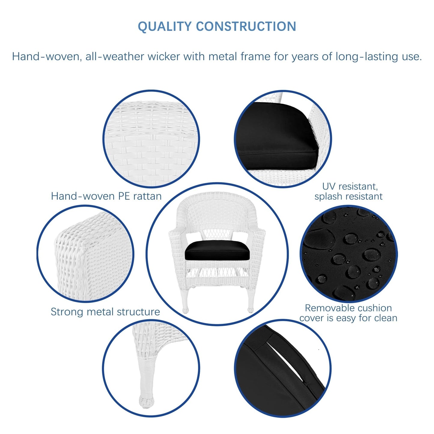 Set da pranzo in vimini bianco in resina da 5 pezzi