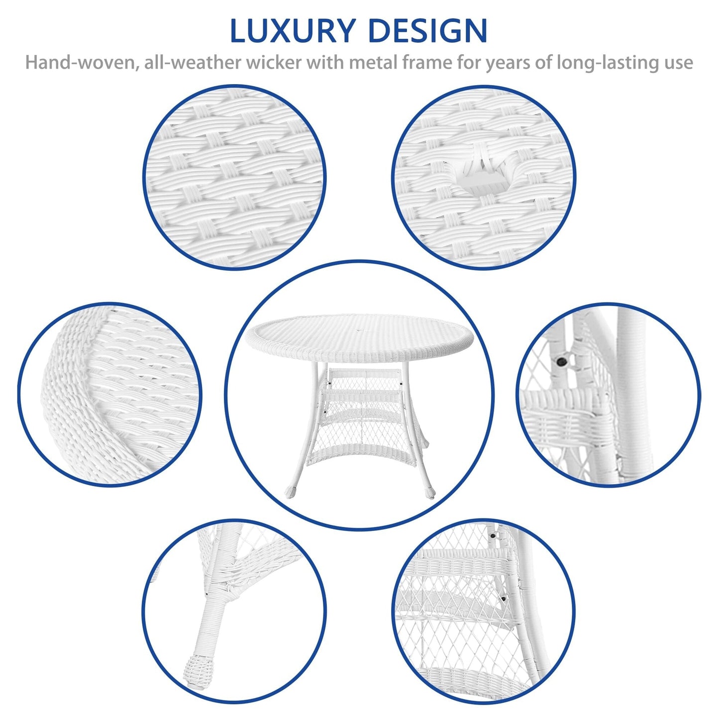 Set da pranzo in vimini bianco in resina da 5 pezzi