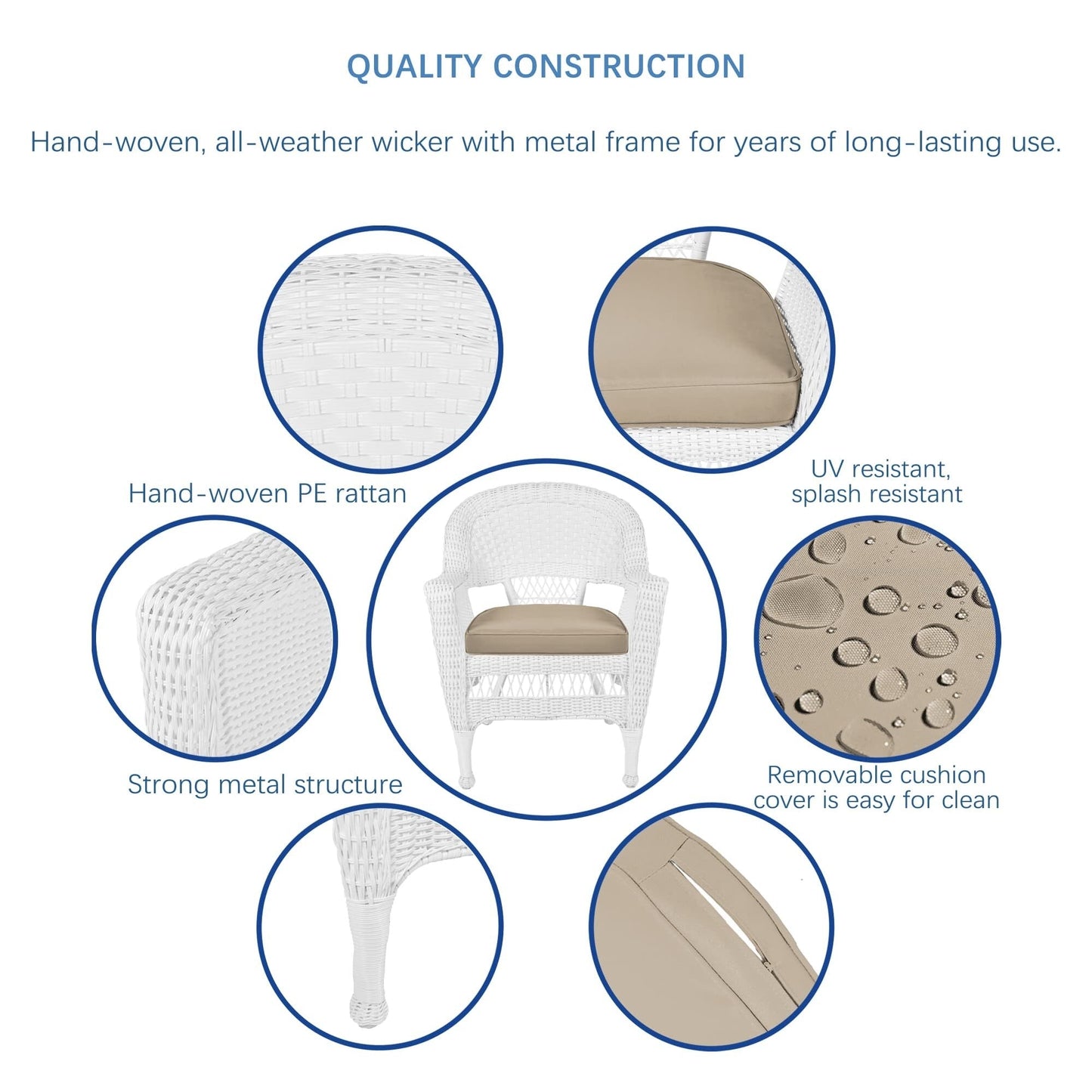 Set da pranzo in vimini bianco in resina da 5 pezzi