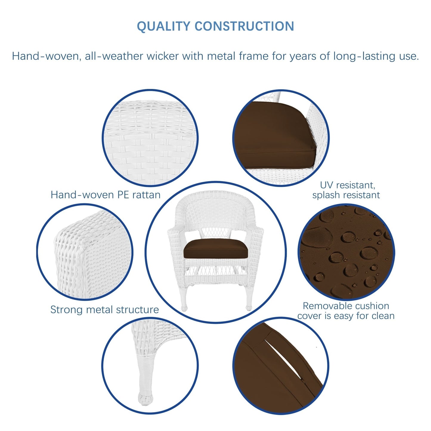 Set da pranzo in vimini bianco in resina da 5 pezzi