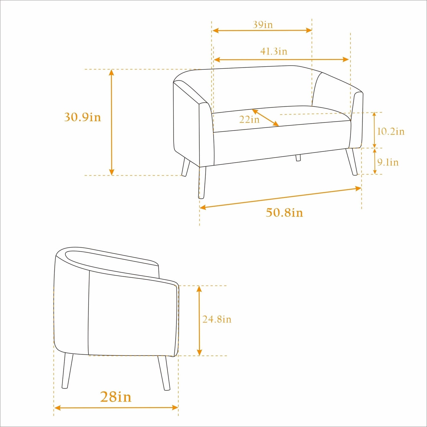 Divano moderno a due posti da 50,78 pollici, divano a due posti rivestito in tessuto di velluto a coste, divano a due posti con gambe in legno naturale