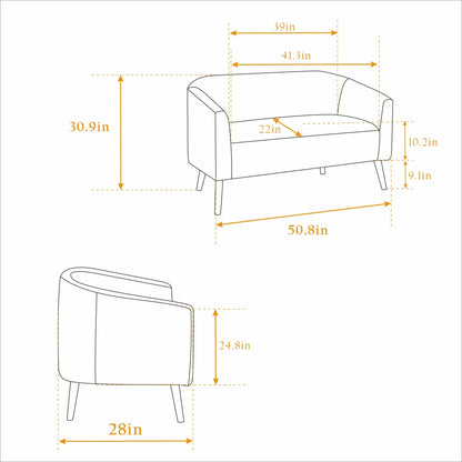 Divano moderno a due posti da 50,78 pollici, divano a due posti rivestito in tessuto di velluto a coste, divano a due posti con gambe in legno naturale