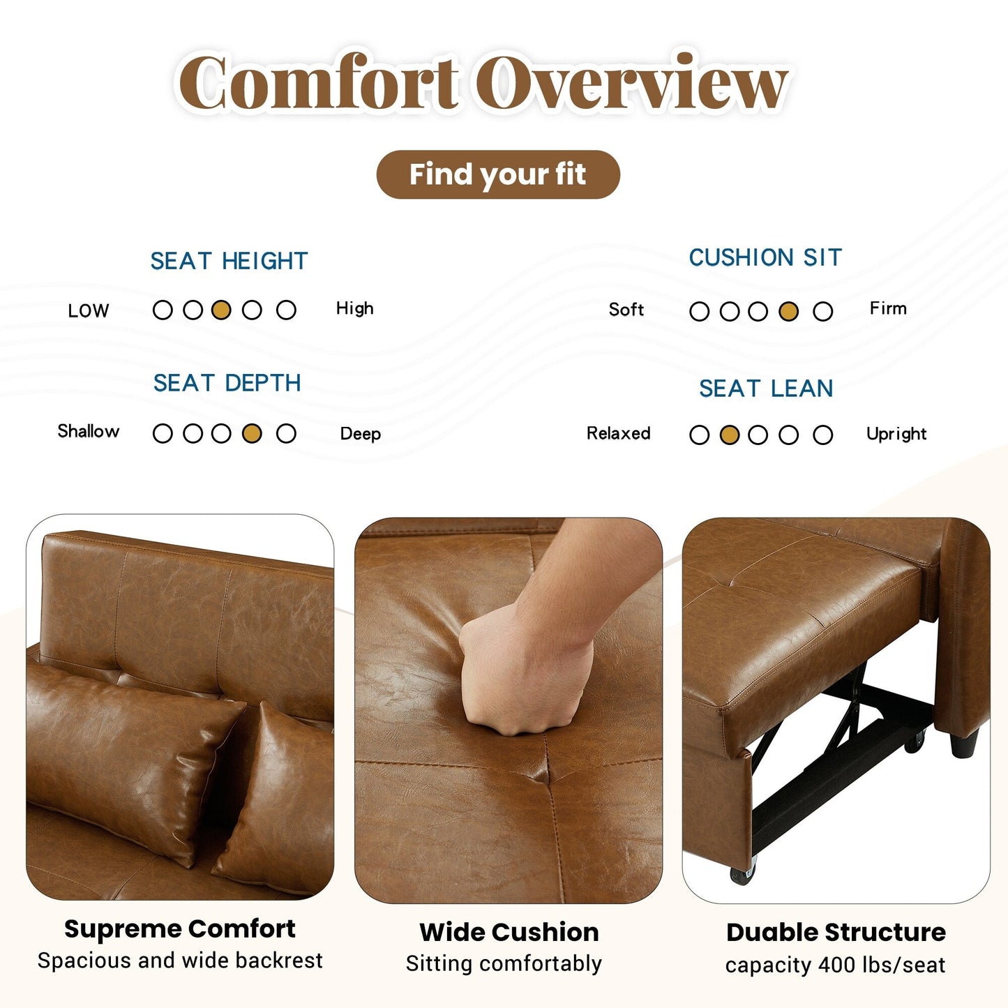 Divano letto trasformabile in PU da 51,57 pollici con 3 porte USB, capacità di carico di 400 libbre e meccanismo letto estraibile