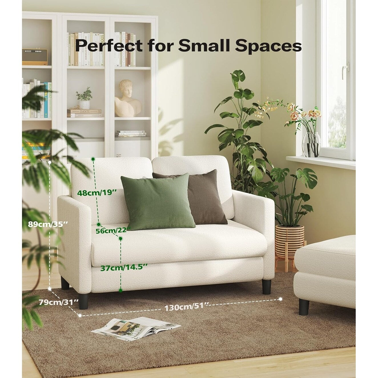 Divano a due posti Teddy 51 Comfy per piccoli spazi - Struttura interamente in legno, montaggio senza attrezzi, per camera da letto e soggiorno, beige