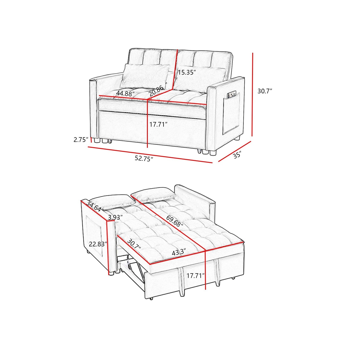 Divano letto moderno in velluto a 4 posti con schienale regolabile da 52,75