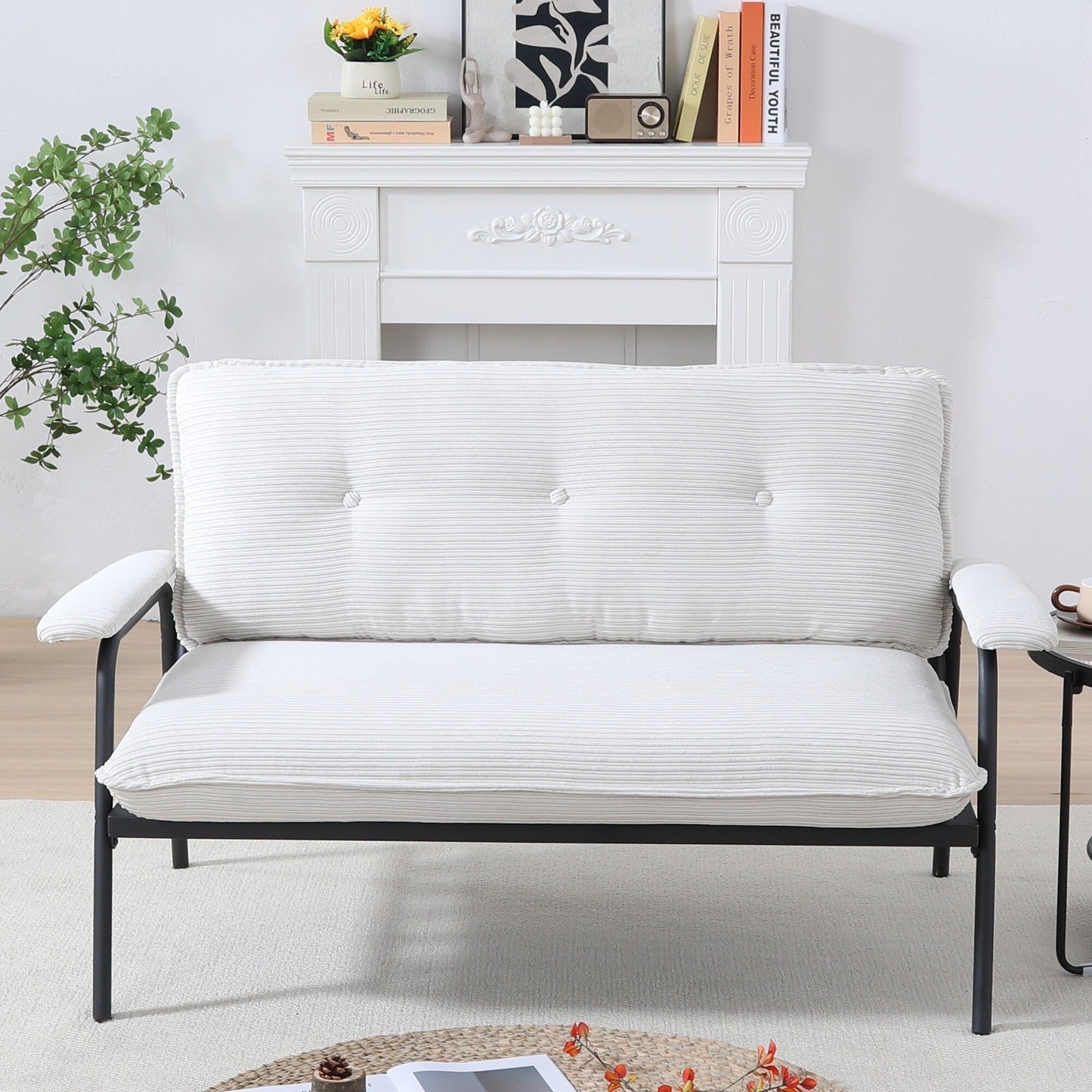 Divano a 2 posti beige da 53 pollici con struttura in metallo per piccoli spazi, mobili moderni compatti in misto poliestere per appartamenti