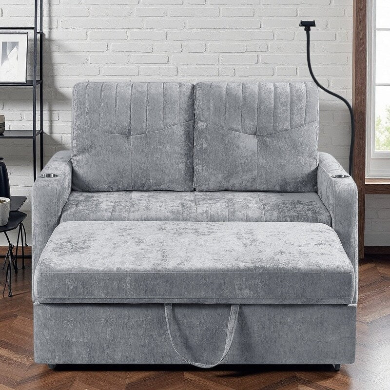 Divano a due posti convertibile in ciniglia da 53,9 pollici con letto estraibile, 3 porte USB e spazio di archiviazione intelligente