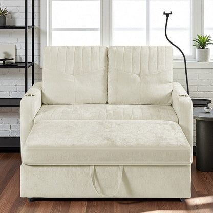 Divano a due posti convertibile in ciniglia da 53,9 pollici con letto estraibile, 3 porte USB e spazio di archiviazione intelligente