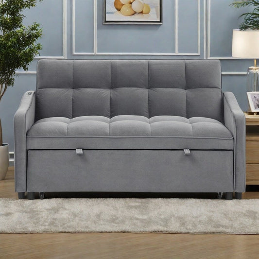 Divano letto a due posti regolabile in schiuma da 53 pollici con letto estraibile, ricarica USB/tipo C, finiture in rame e tasche portaoggetti sui braccioli