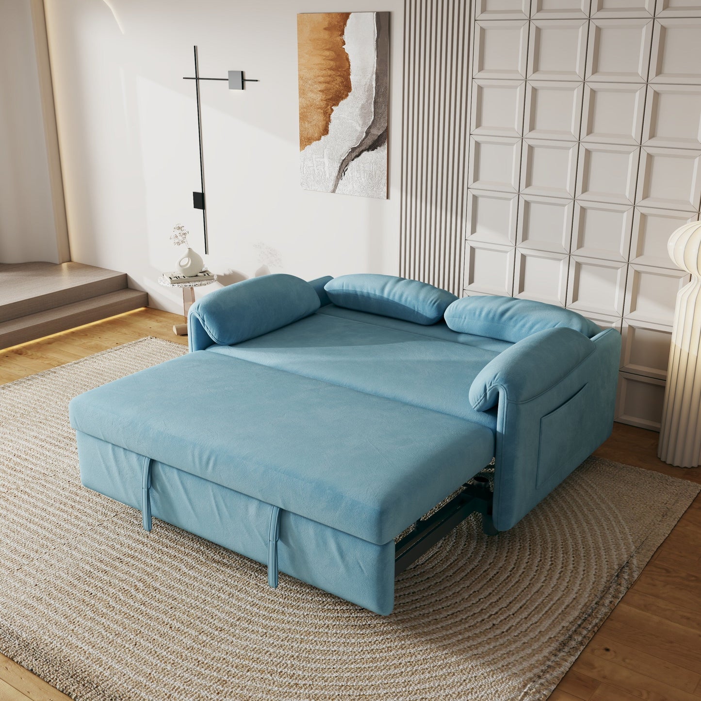 Divano letto in velluto da 54 pollici - Design multiuso con letto matrimoniale retrattile e braccioli portaoggetti