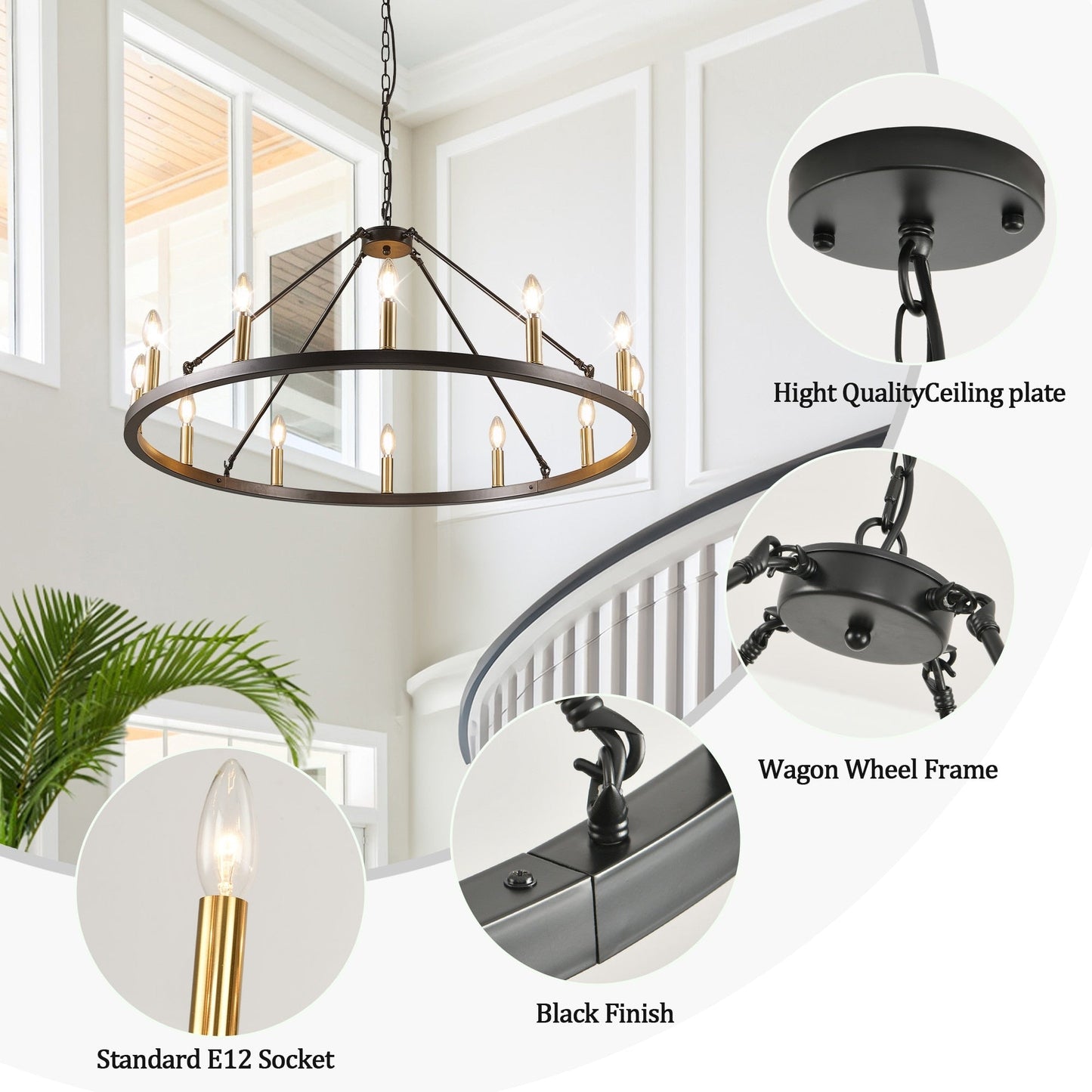 Lampadario a 24 luci con ruota di carro rotonda da 54 pollici