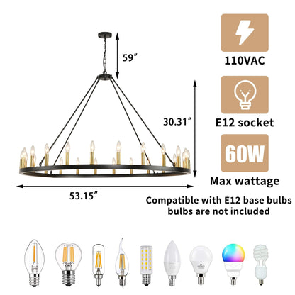 Lampadario a 24 luci con ruota di carro rotonda da 54 pollici