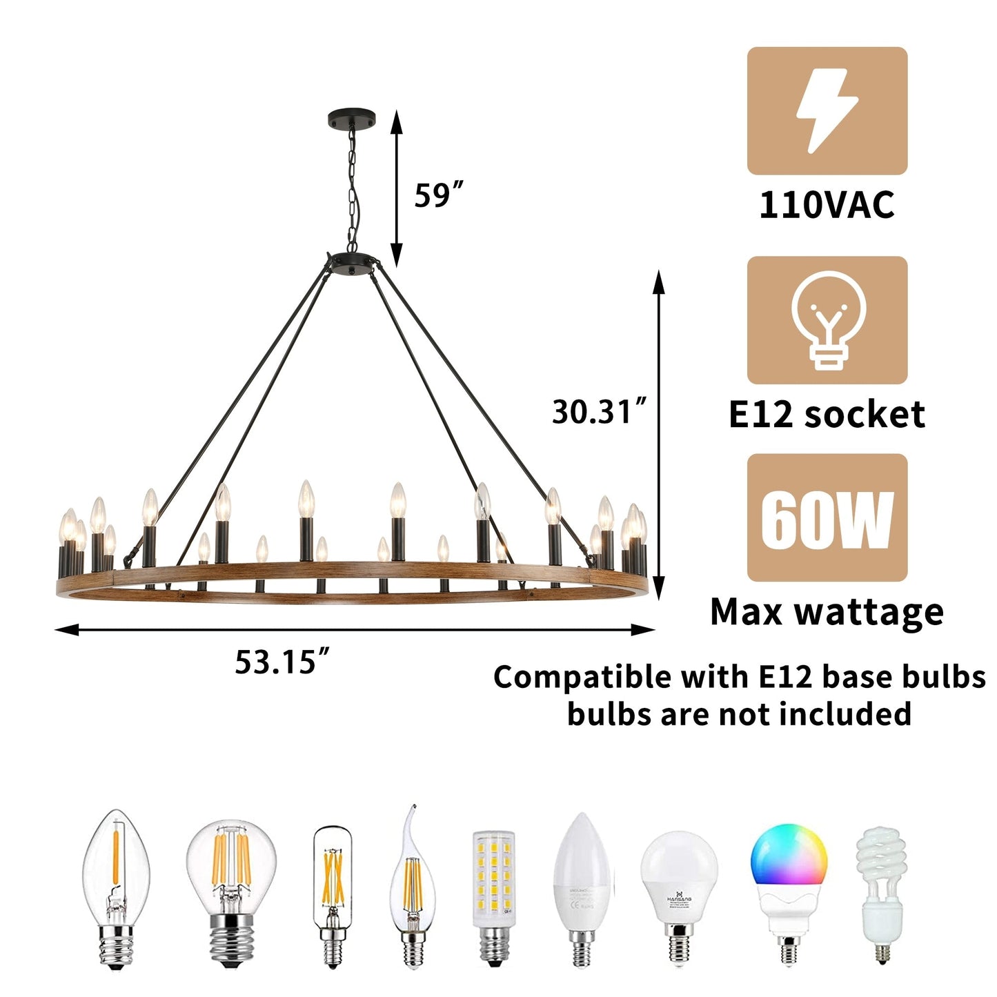 Lampadario a 24 luci con ruota di carro rotonda da 54 pollici