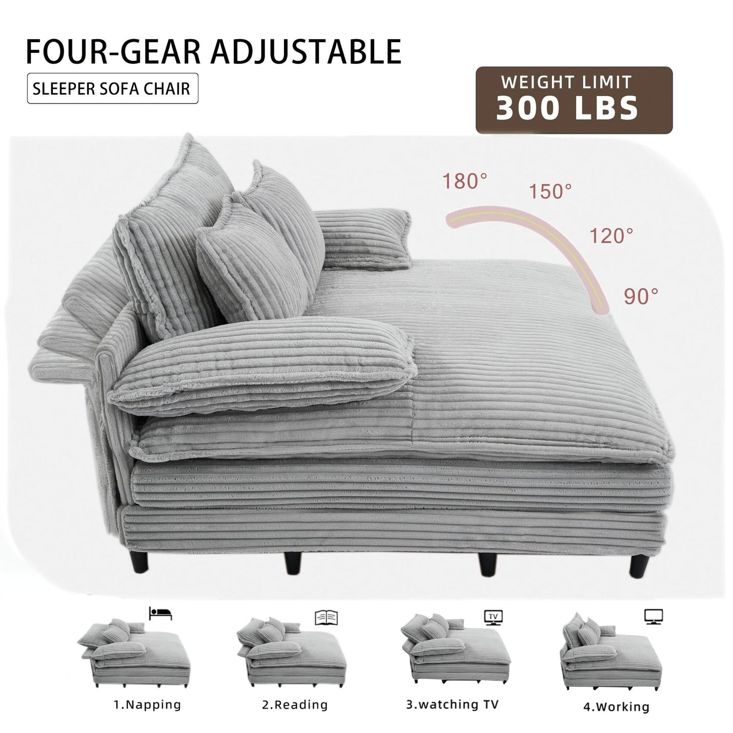 Poltrona chaise longue oversize da 54,75 W, divano letto imbottito e soffice con 2 cuscini