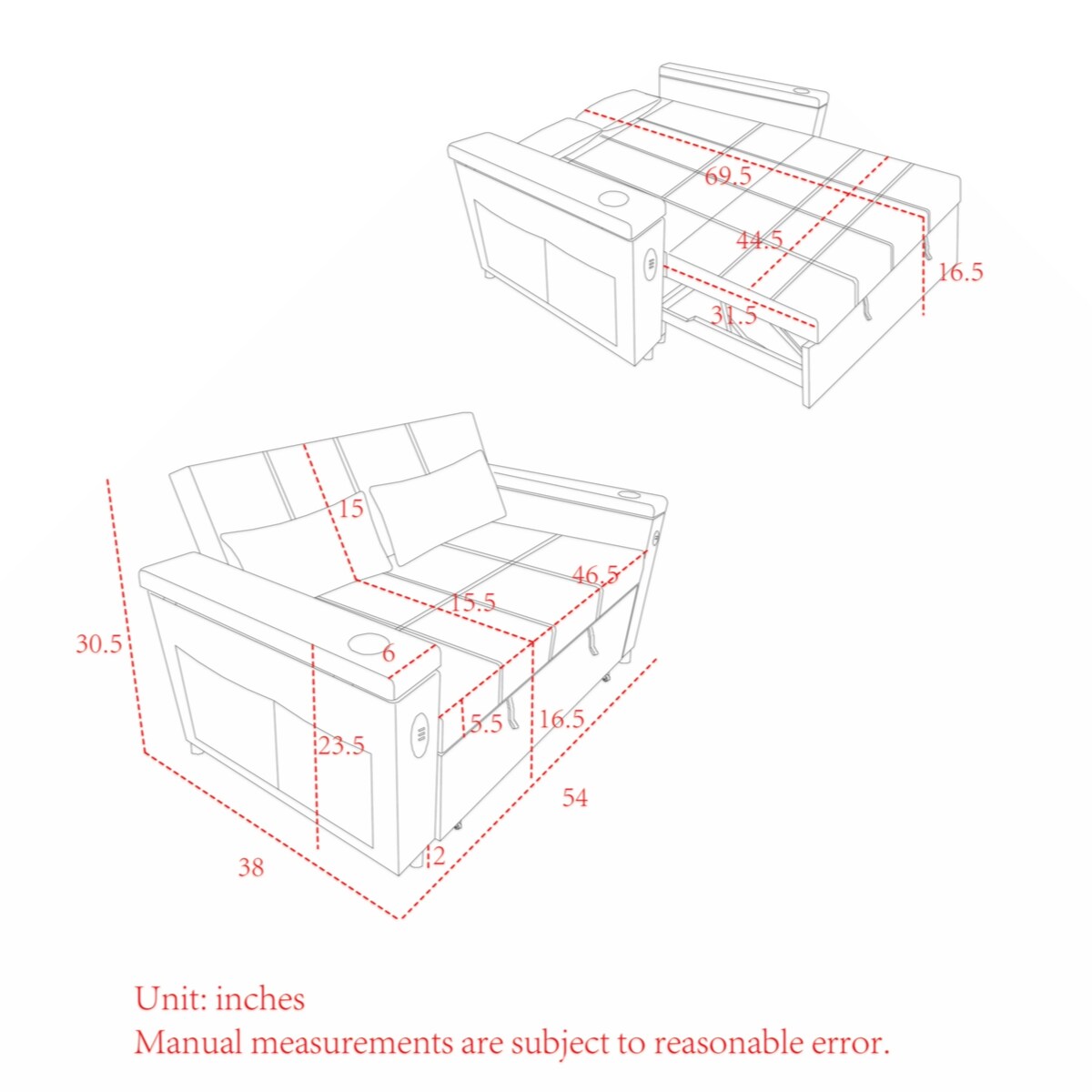 Divano letto reclinabile a due posti con braccioli, contenitore e tasche laterali, con presa di corrente USB.