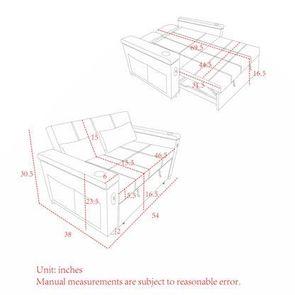 Divano letto reclinabile a due posti con braccioli, contenitore e tasche laterali, con presa di corrente USB.