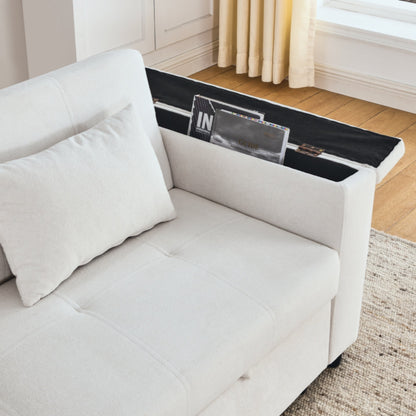 Divano letto reclinabile a due posti con braccioli, contenitore e tasche laterali, con presa di corrente USB.