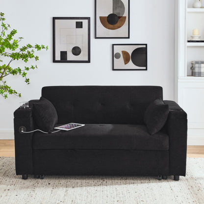 Divano letto reclinabile a due posti con braccioli, contenitore e tasche laterali, con presa di corrente USB.