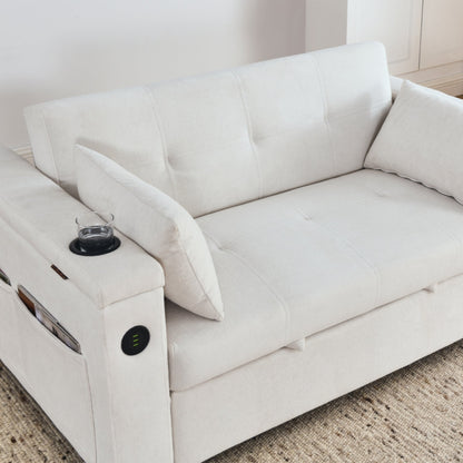 Divano letto reclinabile a due posti con braccioli, contenitore e tasche laterali, con presa di corrente USB.