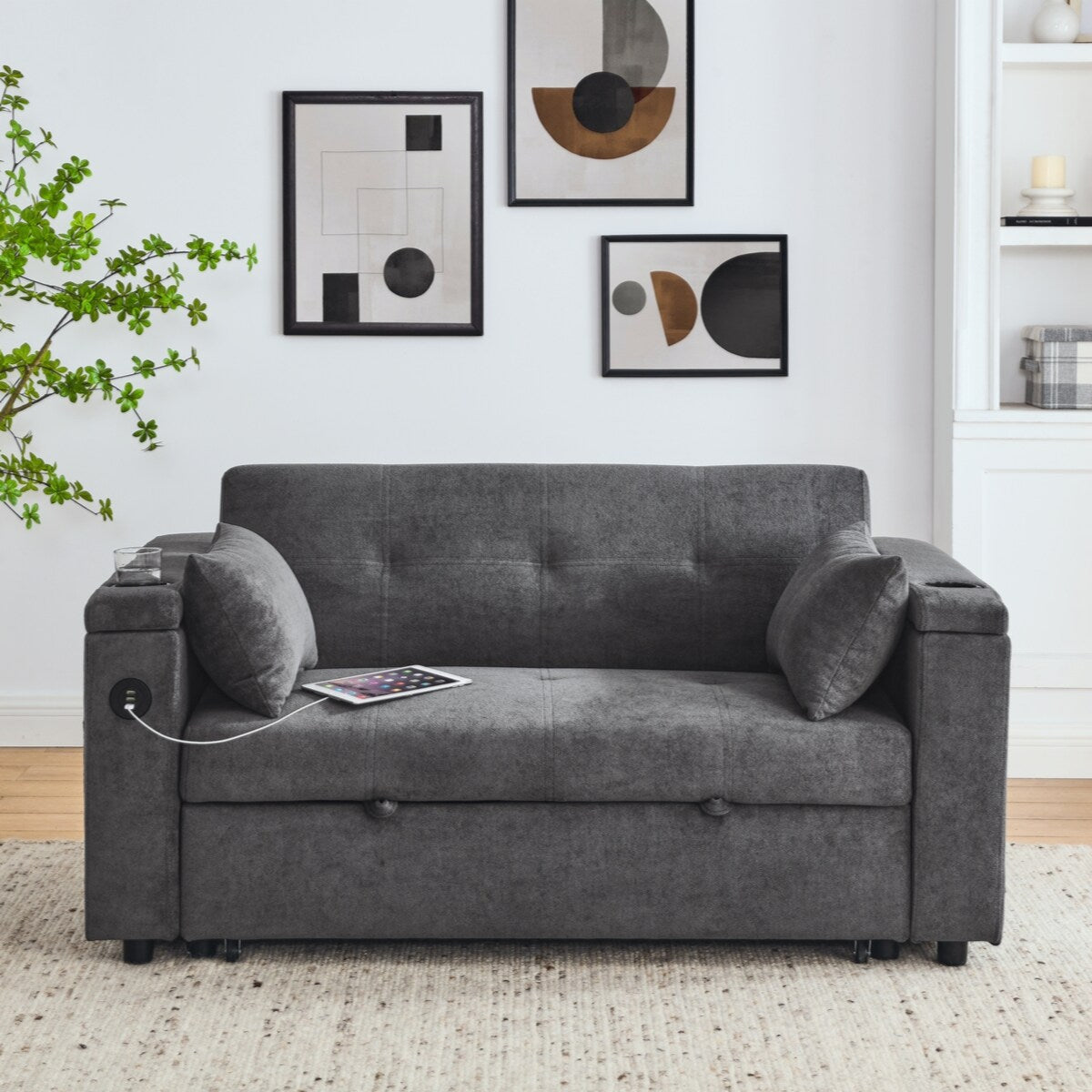 Divano letto reclinabile a due posti con braccioli, contenitore e tasche laterali, con presa di corrente USB.