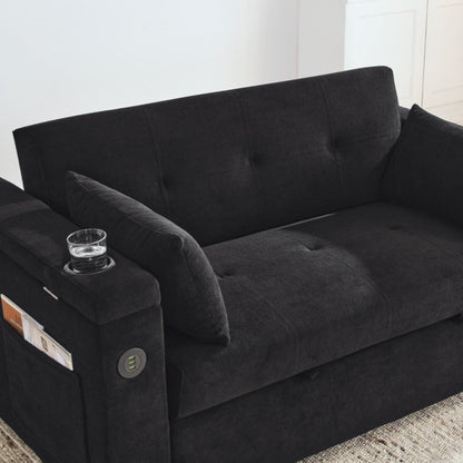 Divano letto reclinabile a due posti con braccioli, contenitore e tasche laterali, con presa di corrente USB.