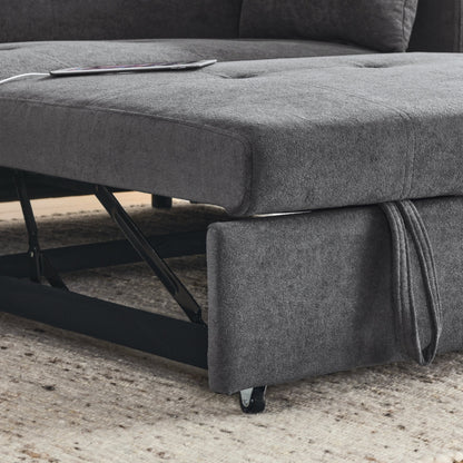 Divano letto reclinabile a due posti con braccioli, contenitore e tasche laterali, con presa di corrente USB.