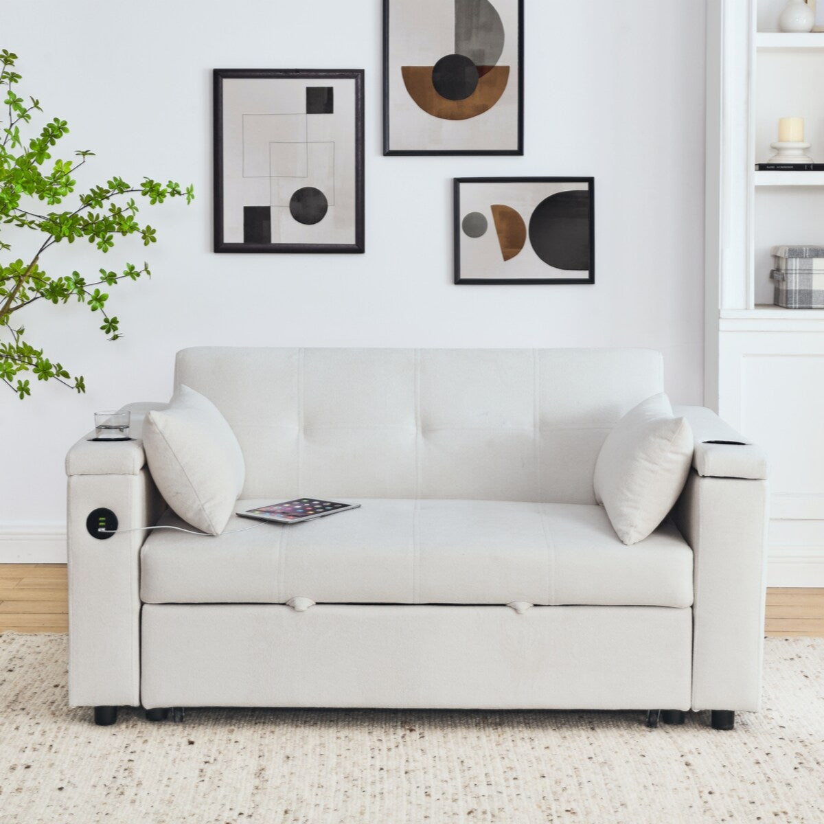 Divano letto reclinabile a due posti con braccioli, contenitore e tasche laterali, con presa di corrente USB.