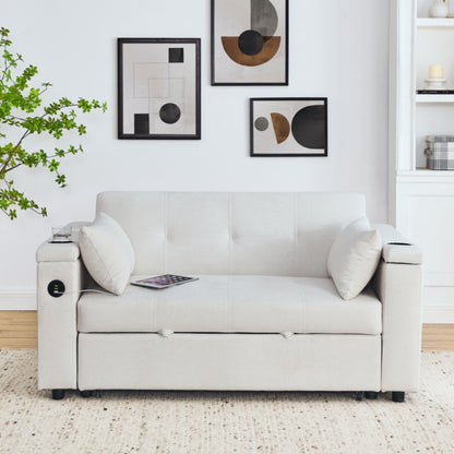 Divano letto reclinabile a due posti con braccioli, contenitore e tasche laterali, con presa di corrente USB.