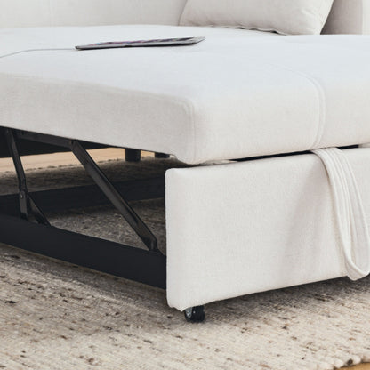 Divano letto reclinabile a due posti con braccioli, contenitore e tasche laterali, con presa di corrente USB.