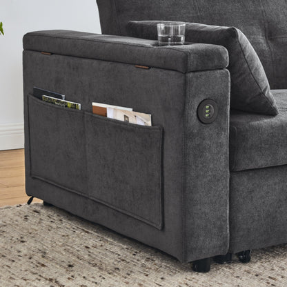 Divano letto reclinabile a due posti con braccioli, contenitore e tasche laterali, con presa di corrente USB.