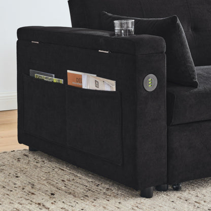 Divano letto reclinabile a due posti con braccioli, contenitore e tasche laterali, con presa di corrente USB.