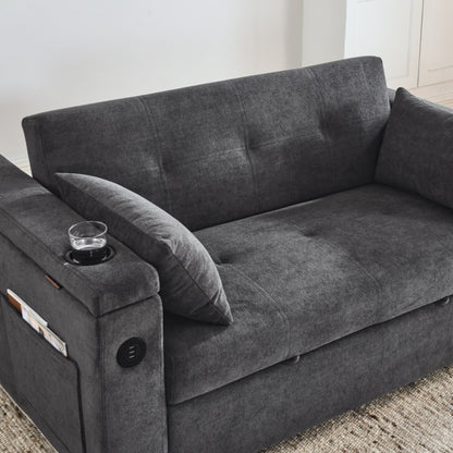 Divano letto reclinabile a due posti con braccioli, contenitore e tasche laterali, con presa di corrente USB.