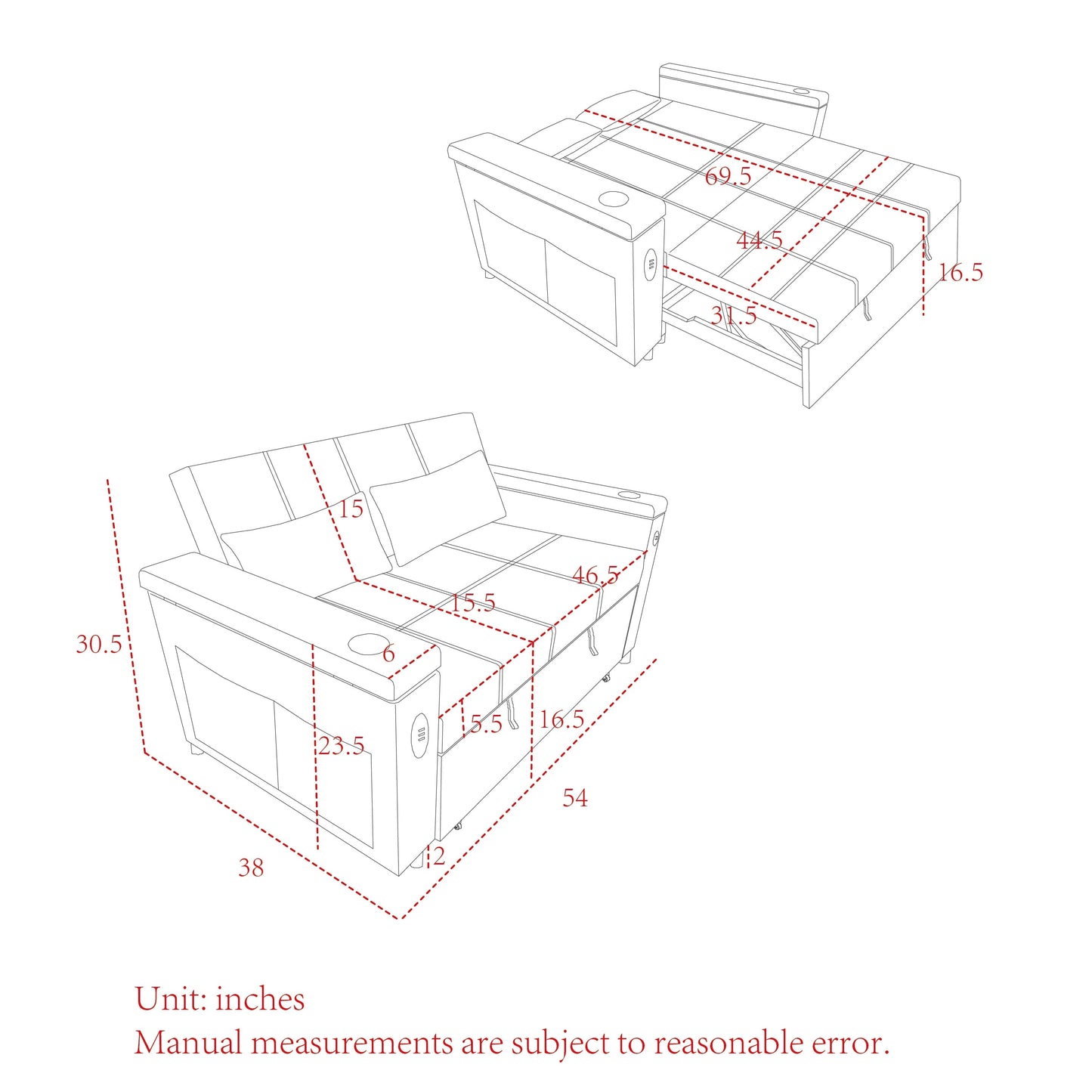 Divano letto reclinabile a due posti con estrazione totale da 54 pollici