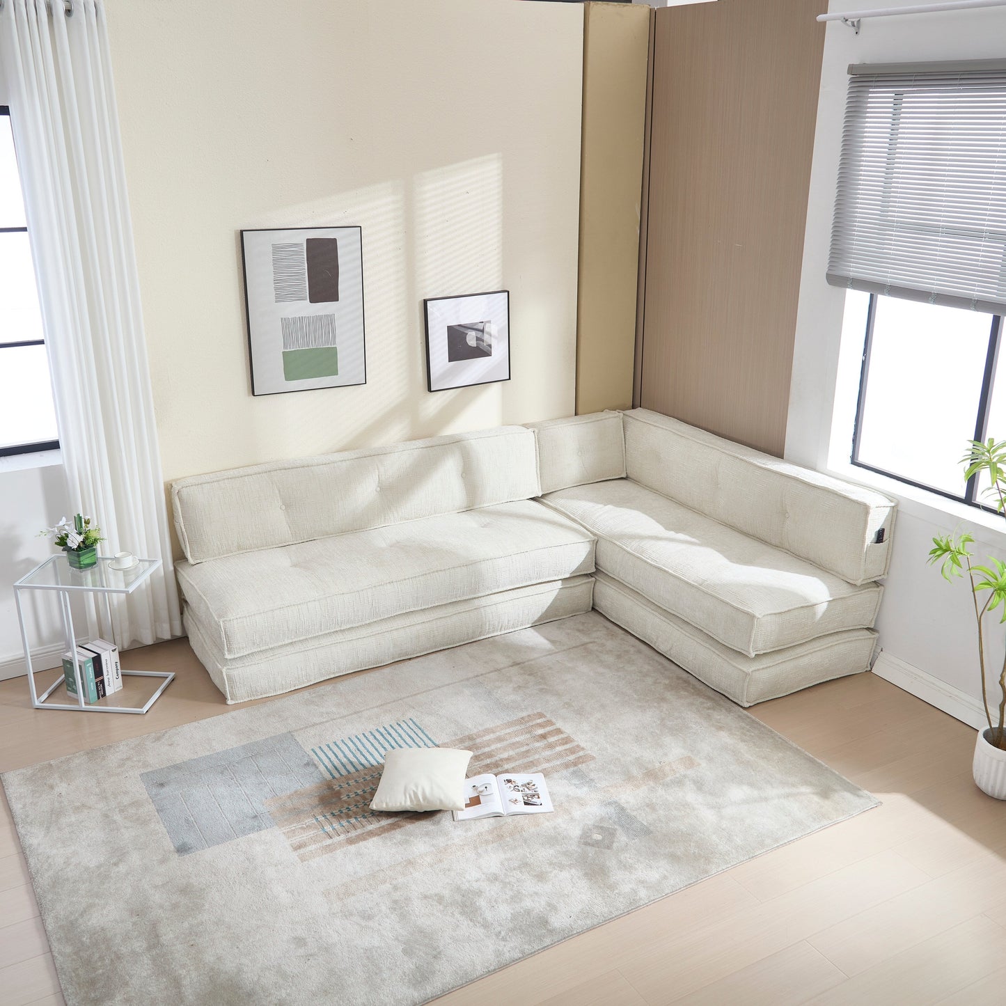 Divano in velluto blu da 55 pollici con tasche, convertibile 3 in 1