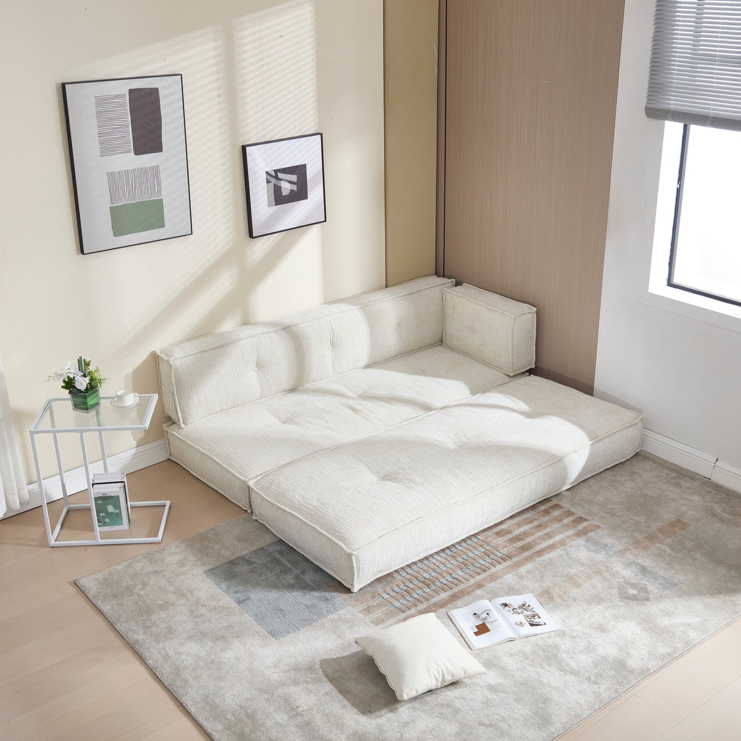 Divano in velluto blu da 55 pollici con tasche, convertibile 3 in 1