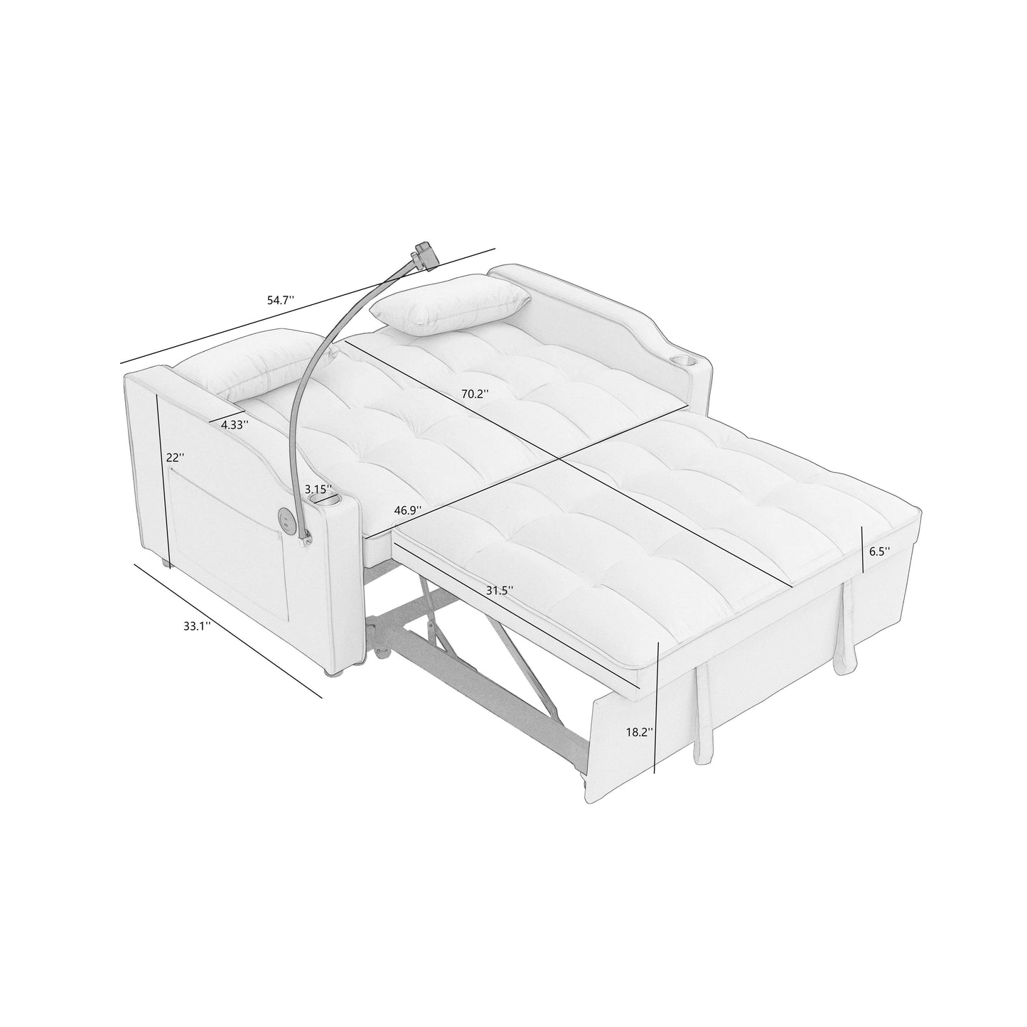 Divano letto pieghevole multiposizione in pelle scamosciata 55.11 con porta di ricarica USB, supporto girevole per telefono e posacenere