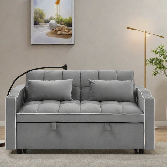 Divano a 2 posti in legno massello da 55,5 pollici con porte di ricarica USB e supporto per telefono, include 2 cuscini morbidi