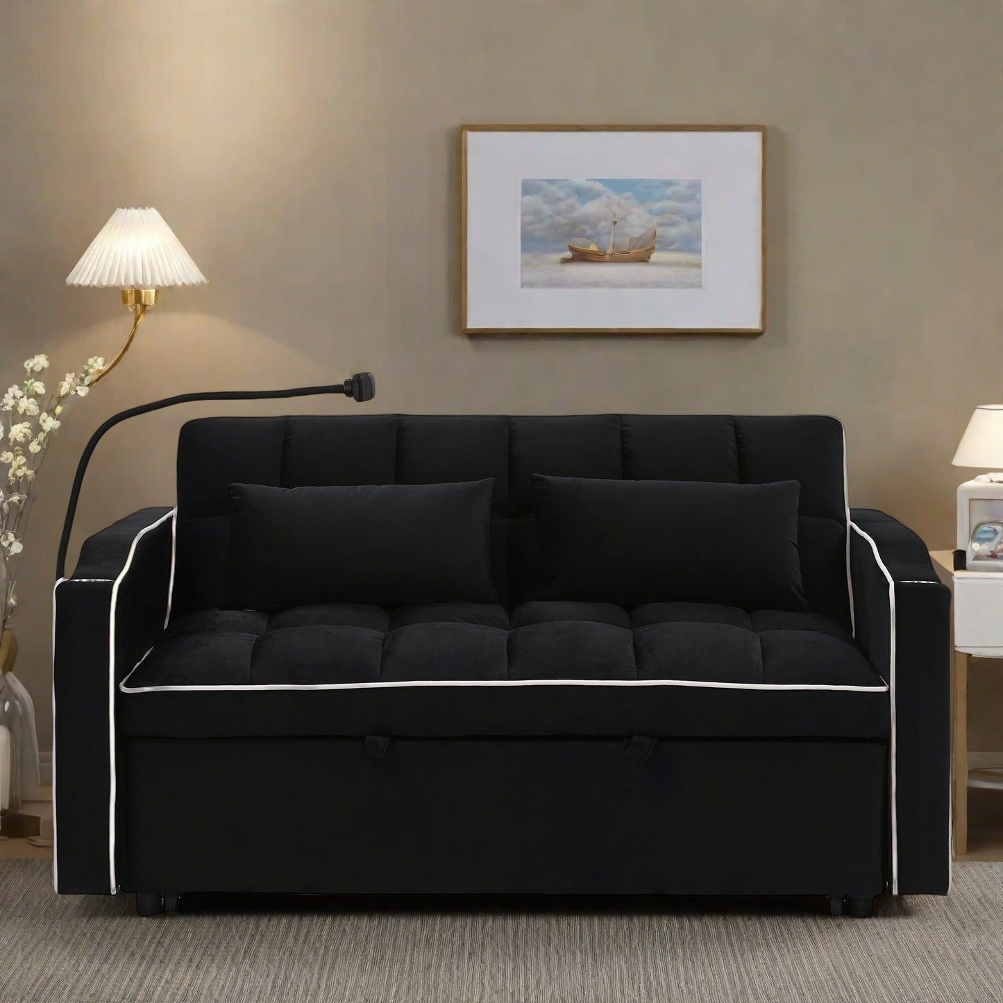 Divano a 2 posti in legno massello da 55,5 pollici con porte di ricarica USB e supporto per telefono, include 2 cuscini morbidi