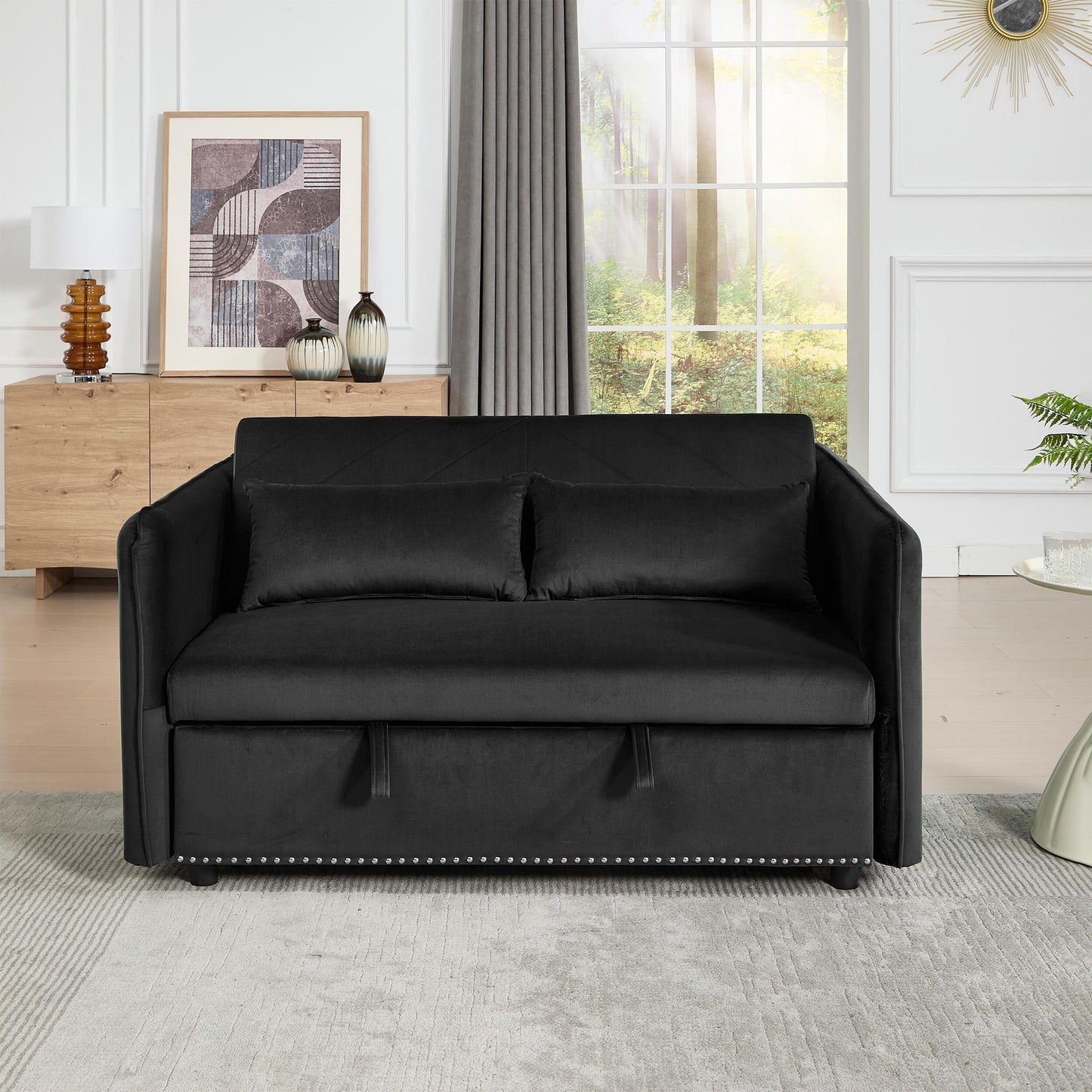 Divano letto futon in velluto 3 in 1 da 55 pollici con 2 cuscini e tasche reclinabili