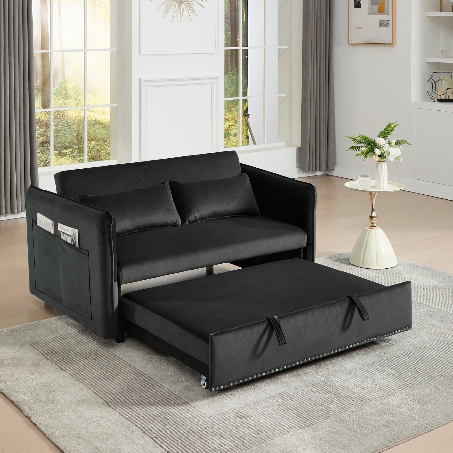 Divano letto futon in velluto 3 in 1 da 55 pollici con 2 cuscini e tasche reclinabili
